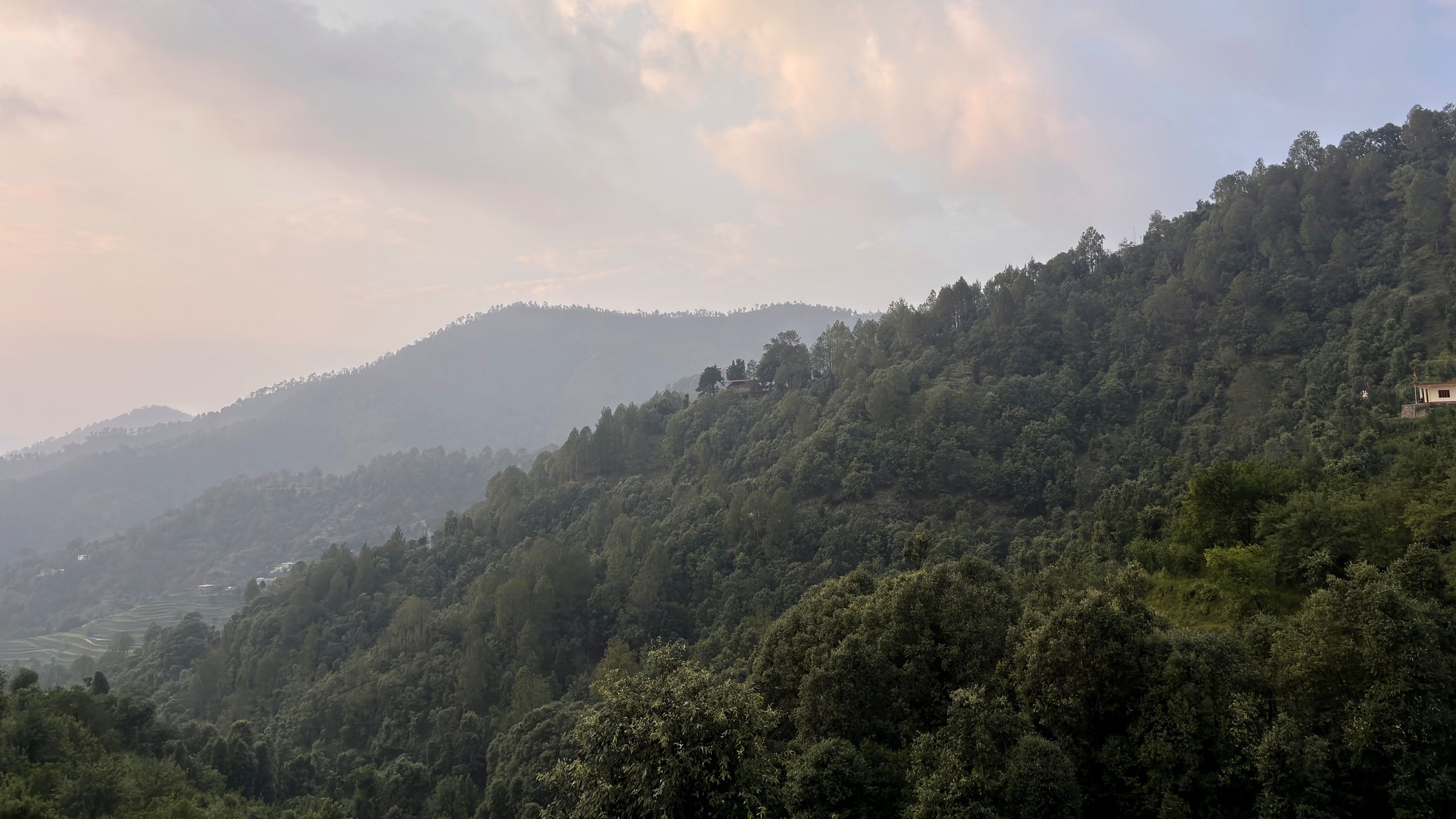 View of the Kumaon hills from Kua Koeeli at golden hour